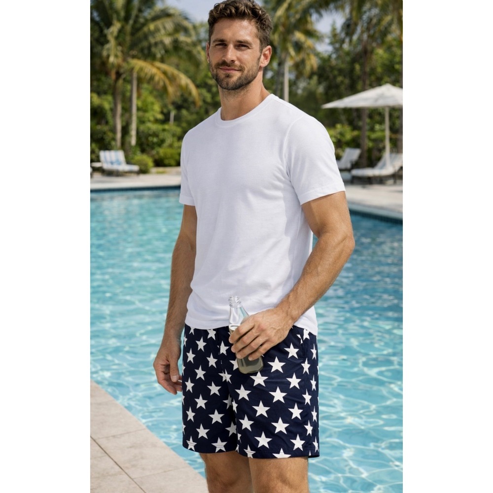 George Navy Blue White Star Print Swim Trunks Shorts Mens Small 28-30 Patriotic